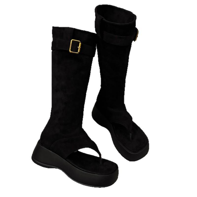 Boots women's summer 2025 high-end toe cool boots women's open-toe stacking boots thick-soled heightening western cowboy short boots