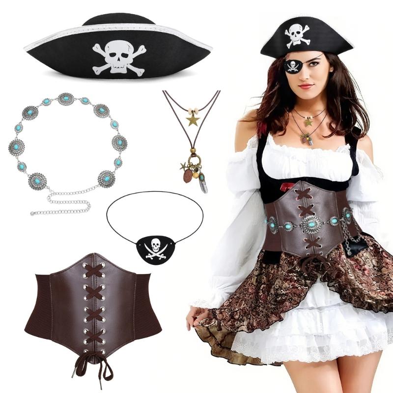 Pirate Costume Accessories Pirate Hat,Medieval Corset Eye Patches Waist Belt Necklace Halloween Pirate Queen Outfits