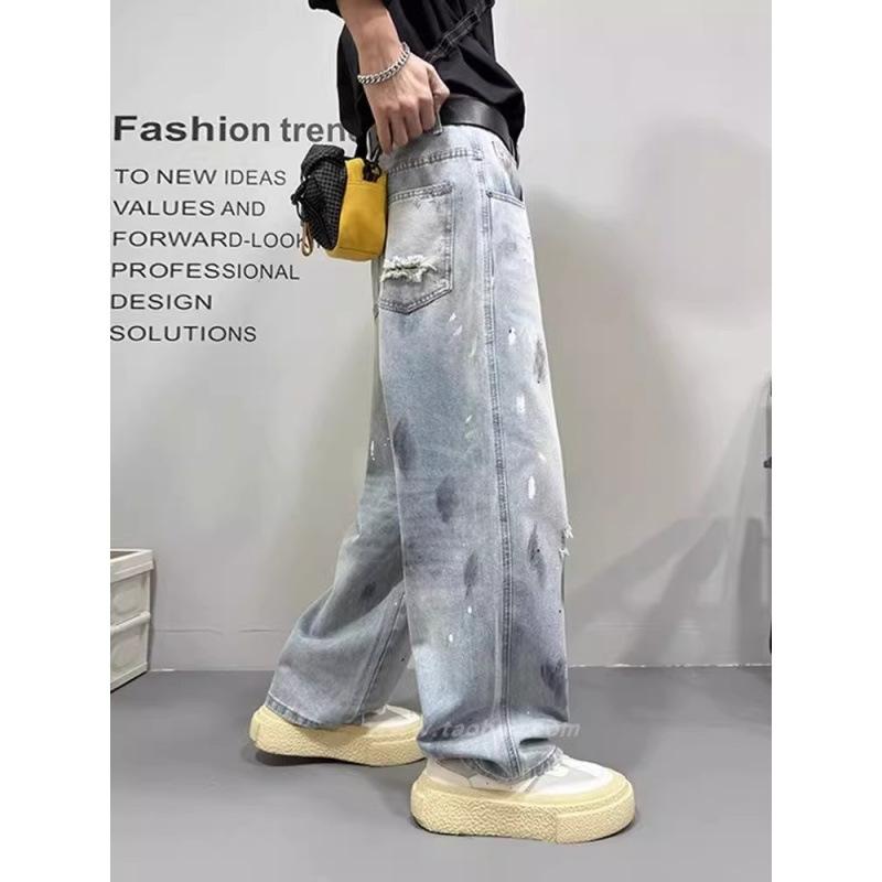 Summer thin American ink splashing ripped jeans men's new straight trendy brand ruffian handsome versatile scimitar pants