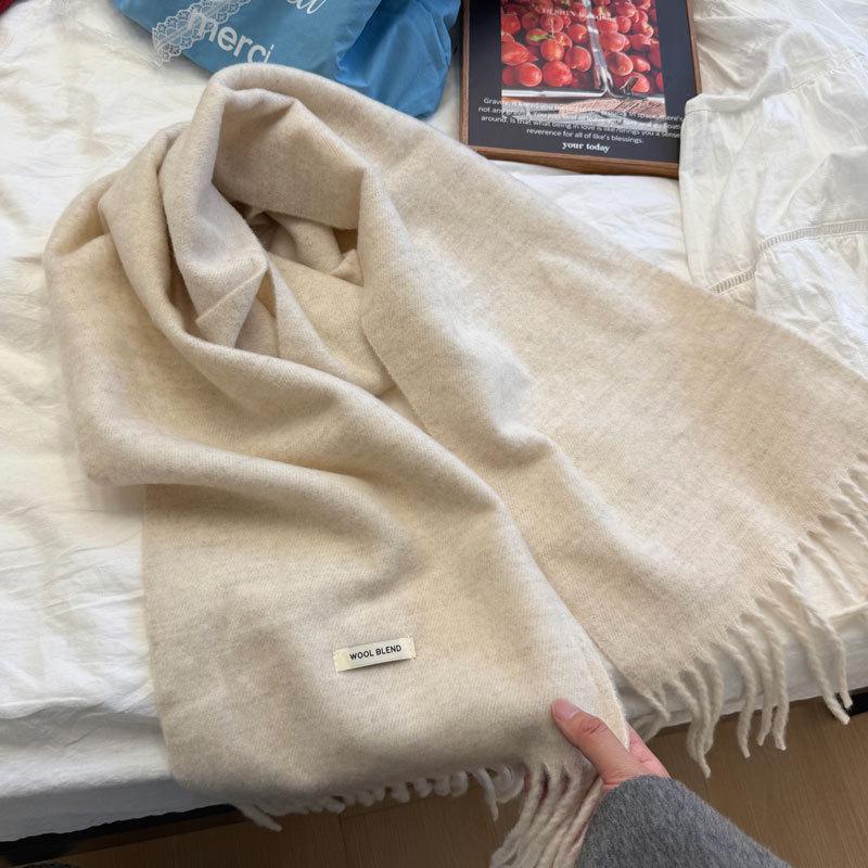 

Унисекс Шерстяной Шарф с Кистями: Однотонный, мягкий и теплый для осени/зимы — подчеркивает сияние кожи грязно-белый