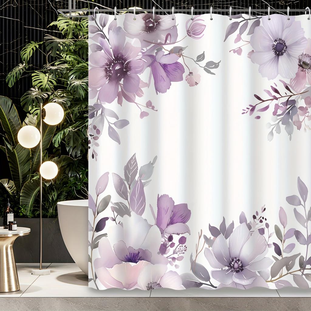 1 Piece American Retro Purple Gradient Floral Plant Shower Curtain, Bathroom Decoration, Including Shower Curtain With Hooks