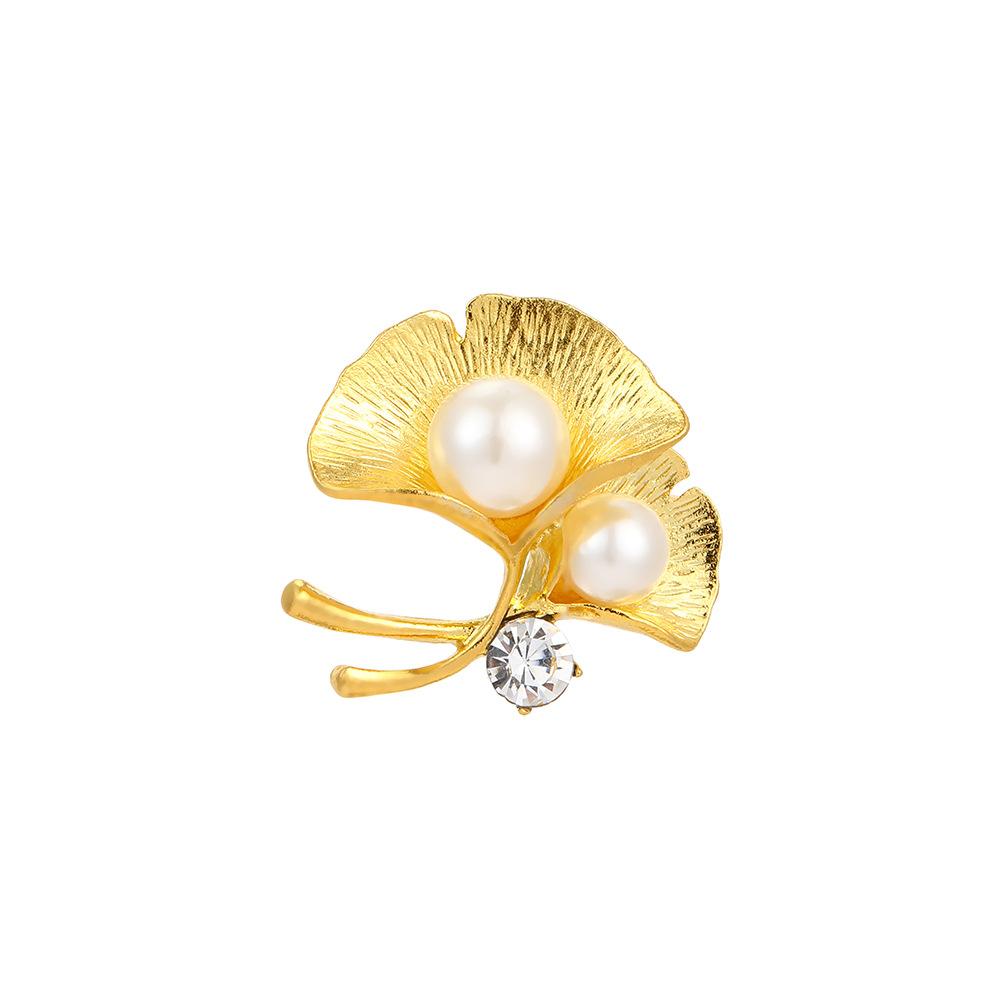 Spilla Semplice Stile Pastorale con Perle Incastonate di Diamanti Foglia di Ginkgo Biloba, Pin di Moda di Lusso Leggero per Cappotto, Completo, Camicia