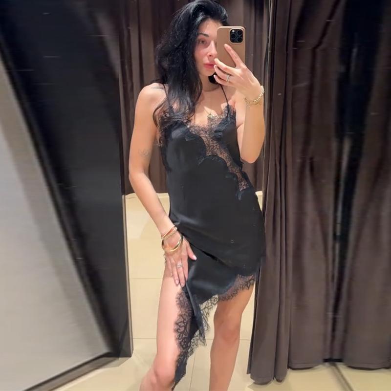 

Summer Camisole Dress Lace Patchwork Sexy Backless Women s Suspender Dress Beach Vacation Dress S чорний