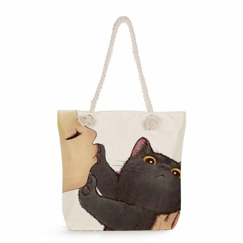 Multifunctional Cute cat Printed Thick Rope Shoulder Beach Bag 7584