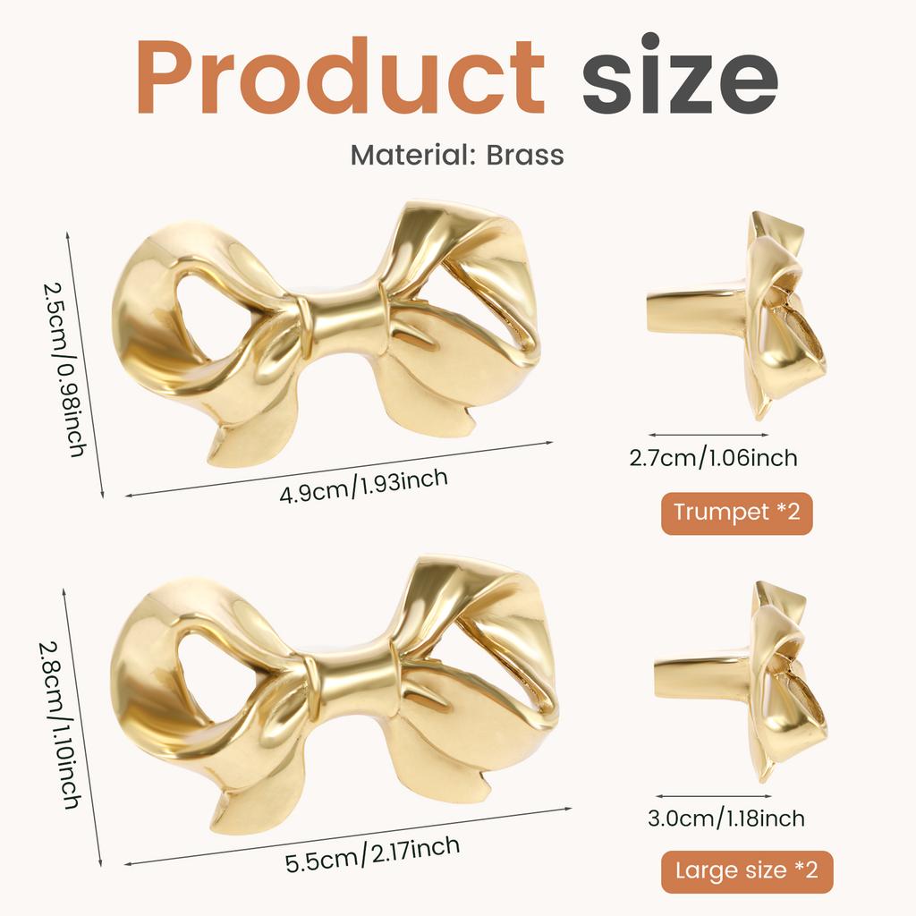4Pcs Bow Knobs Brass Bow Shaped Drawer Knobs Decorative Gold Bow Pull Handles with Screws for Home Office Cabinet Closet