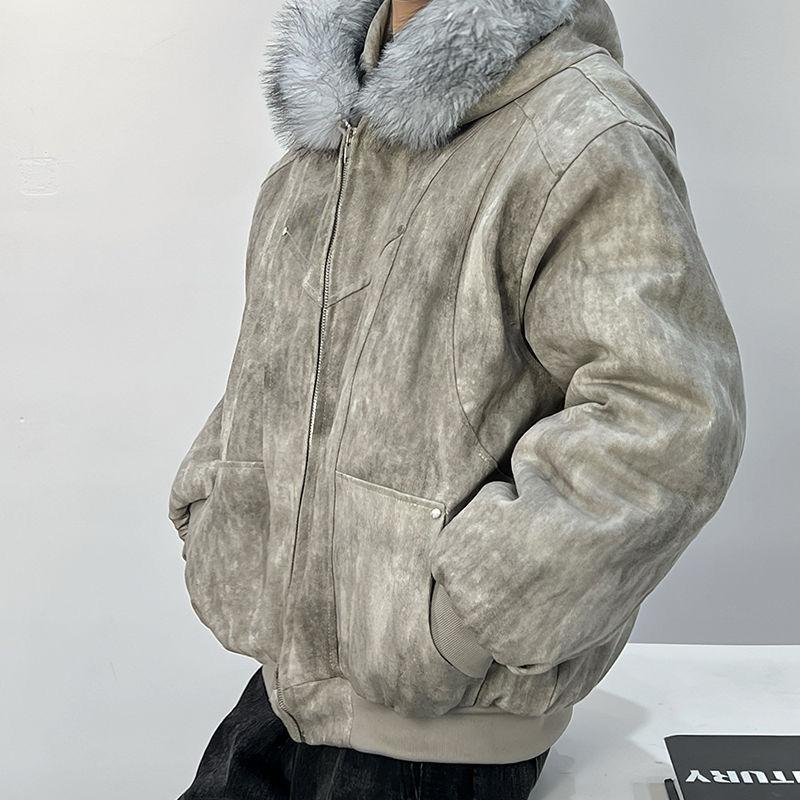 Y2K Winter Men's American Heavyweight Thick Fur Collar Hooded Structured Cotton Jacket Coat Ink-dyed Windproof Workwear