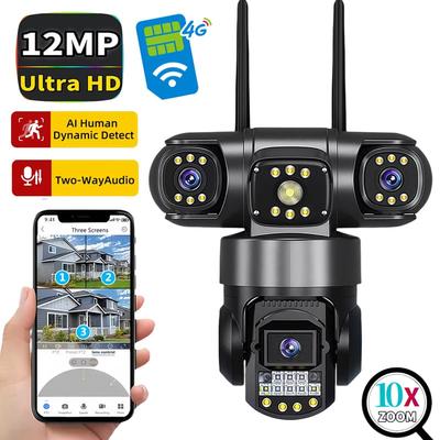 LS VISION 12MP Üçlü Ekranlar IP66 Dış Mekan HD Gece Görüşü AI İnsan Algılama WiFi Gözetim Kamerası V380 Pro 4G SIM Kart IP Güvenlik Kamerası