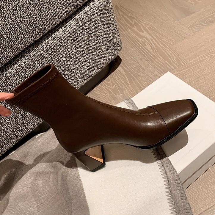 French retro thin boots women's Martin boots autumn and winter temperament foreign style square head high heels short boots thick heel elastic single