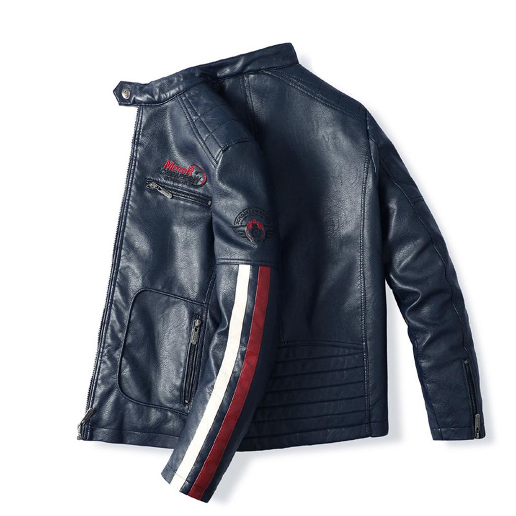 Men's Motorcycle Leather Racing Suit Colorblock Embroidery Motorcycle PU Jacket Windproof Cotton Jacket