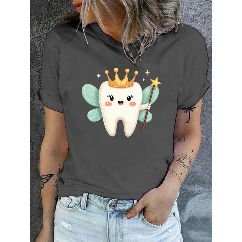 Casual Short-Sleeve Crew Neck T-Shirt Featuring a Tooth Fairy Design, Perfect for Spring And Summer, Designed for Women
