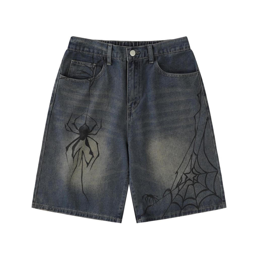 Y2K Streetwear Breeches Spider Cobweb Korean Harajuku Denim Hip Hop Short Pants Grunge Bermudas Jeans Shorts Men Clothes