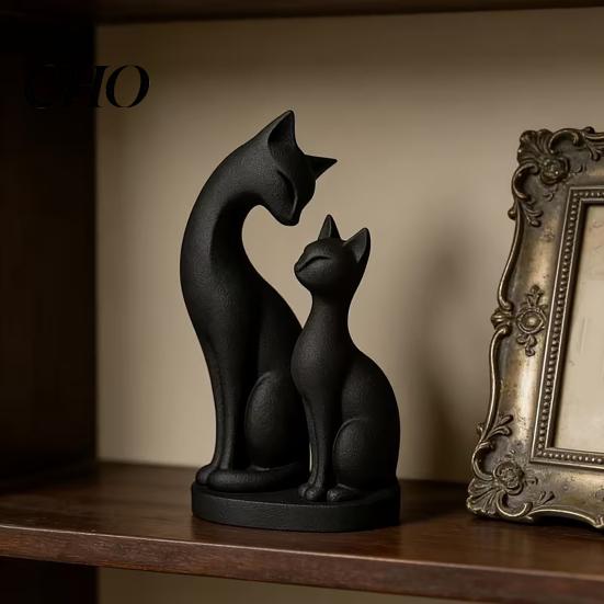 Mother And Child Cat Sculpture Black Figurine 3D Printed Kitten Statue Cute Animal Warm Home Accent for Indoor Shelf Desktop Decor Gifts Lovers Mini