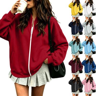 Women's Long Sleeve V-Neck Zip-Up Jacket Loose Fit Color Casual Outerwear