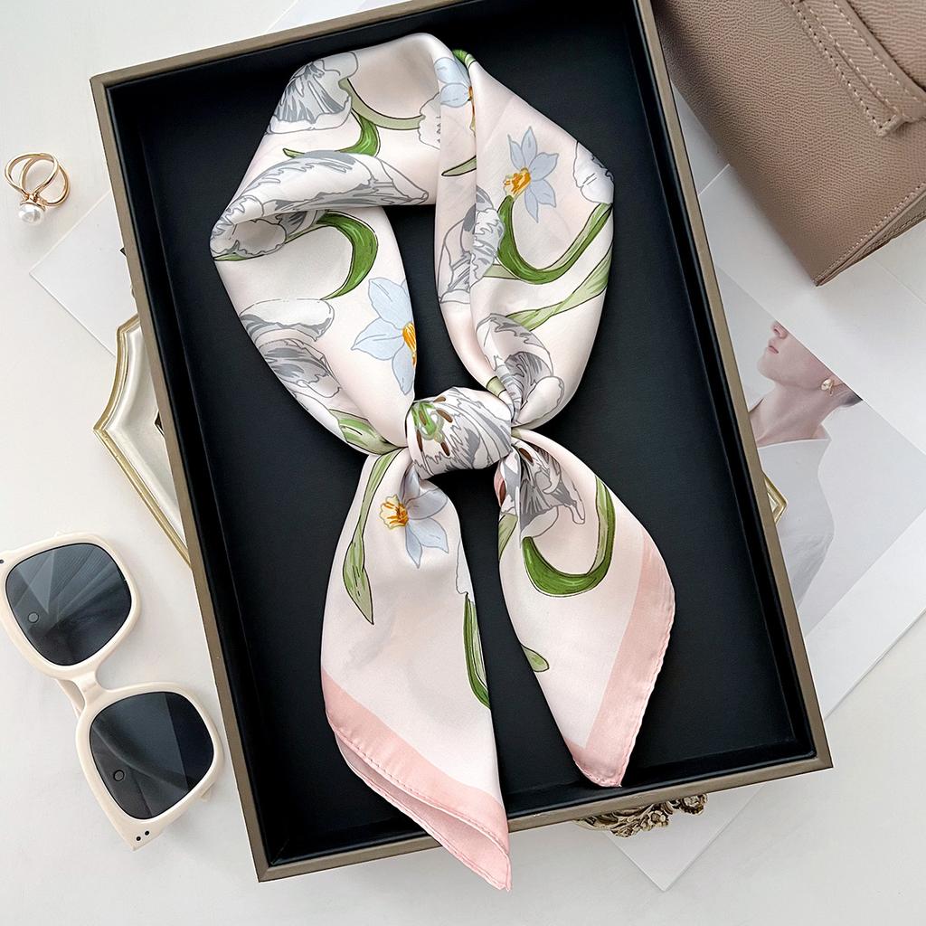 Summer Thin Floral Square Scarf For Women Hair Bag Decoration