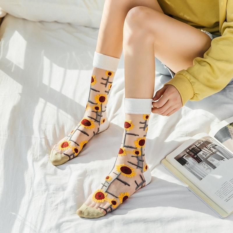 Creative Harajuku New Product Crystal Silk Tide Socks Funny Sunflowers Thin Glass Silk Tube Women's Trendy Socks Female