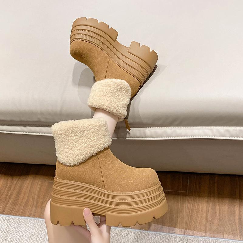 2025 Winter Women's Warm Snow Boots Outdoor Plush Ankle Shoes Anti-skid Chunky Leather Sneakers Short Fur Boot Botas Mujer 10CM
