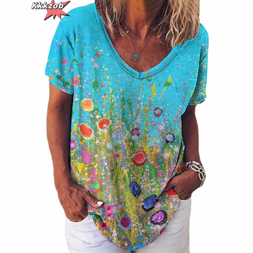 Vintage Print Top Women Short Sleeved Streetwear Summer Tee Women's Fashion Casual V Neck T Shirts Y2k Oversized Female Clothing