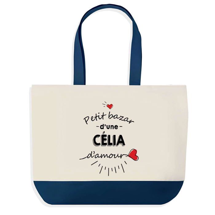 Tote bag - PLANETEE - Sac shopping fond bleu Bazar d'une Célia d'amour - Coton 40x45 cm - Grand format - Fabriqué en France