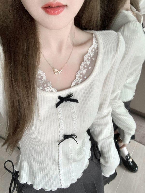 Svetr s krajkovou vsadkou a patchworkovým vzorem: Dámský podzimní/zimní top s dlouhým rukávem slim fit