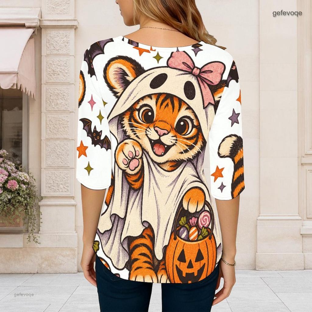 Women Plus Size Round Neck 3 4 Sleeve T Shirt Cartoon Tiger Printed Curved Hem With Pockets