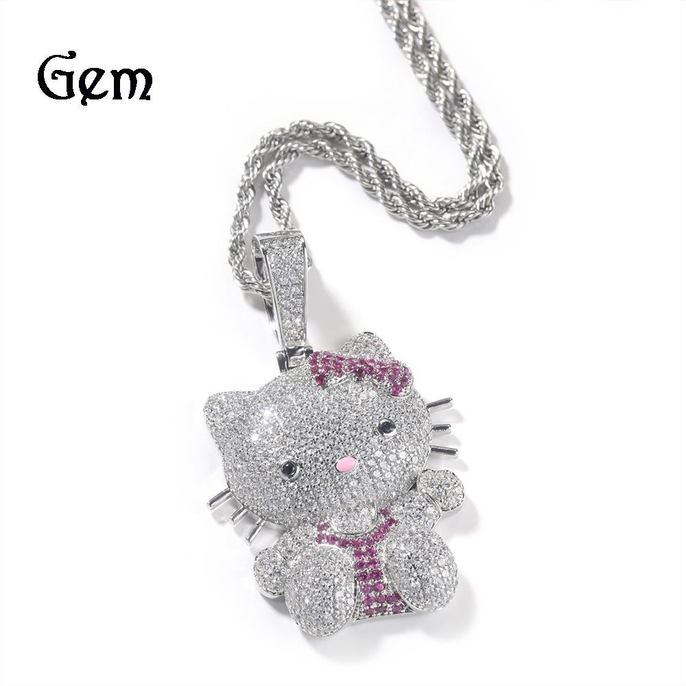 Collana carino in stile cartone animato con incastonatura di diamanti, collana con ciondolo gatto e fiocco rosa alla moda, gioielli da donna