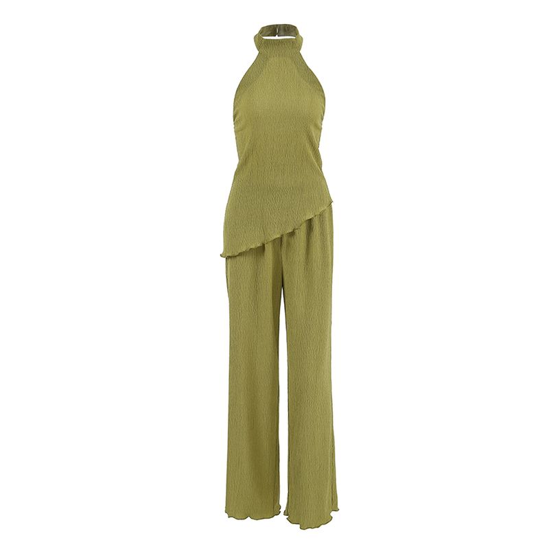 

European and American Women Holiday Style Set Hanging Neck Irregular Top Green Two-piece Set Loose Trousers Fruit Green L