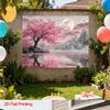 Arazzo 2D Fiori di Ciliegio Onirici Lago Notturno con Luna Rosa Montagna Sfondo Zen
