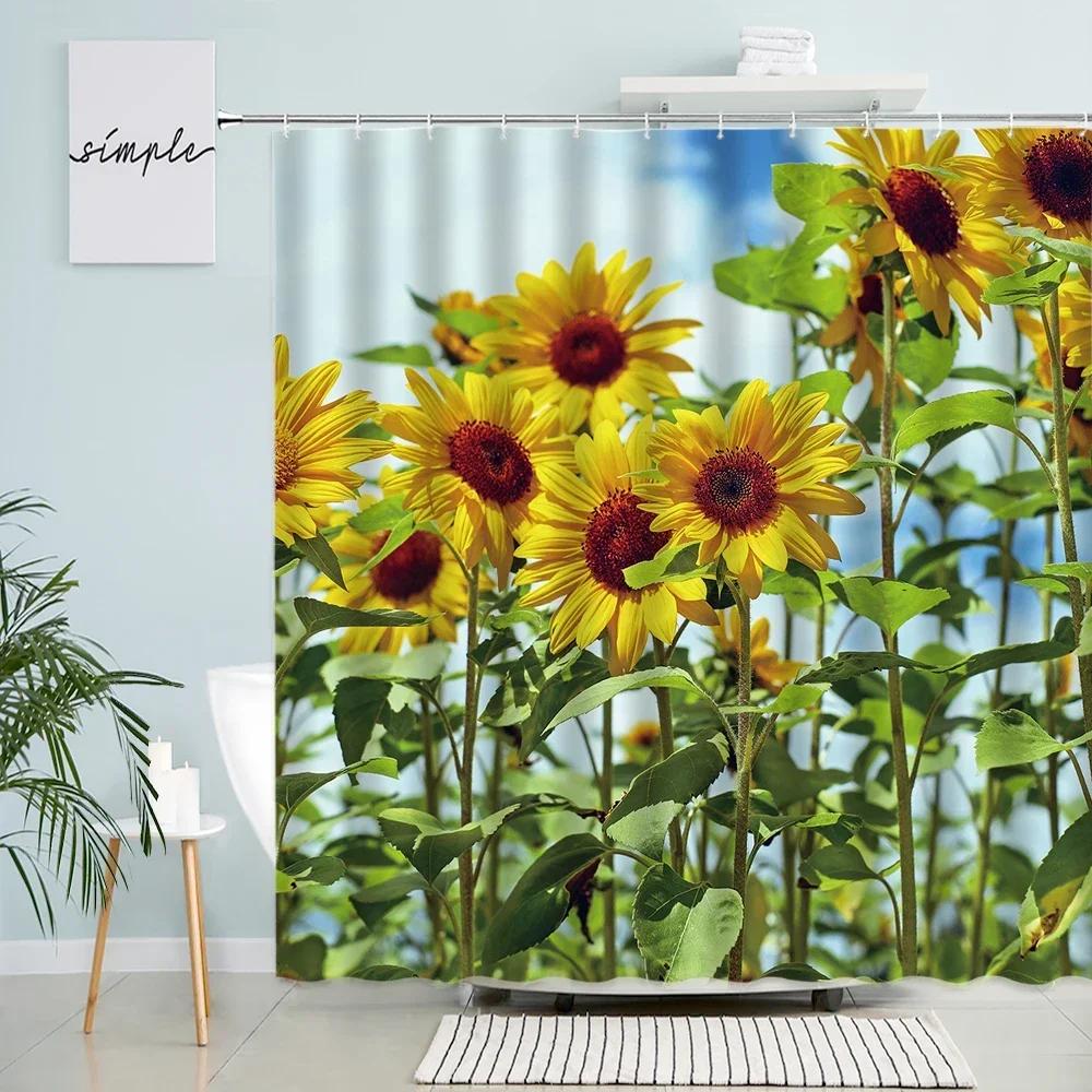 Natural Sunflower Shower Curtains Rural Scenery Floral Yellow Flower Green Leaves Plants Polyester Fabric Bathroom Curtain Decor
