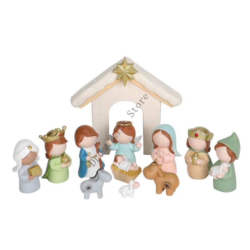 Q1FD Nativity Figurines Xmases Natvity Scene Statues Tabletop Ornament Resins Manger Holy Family Sculptures Home Decors