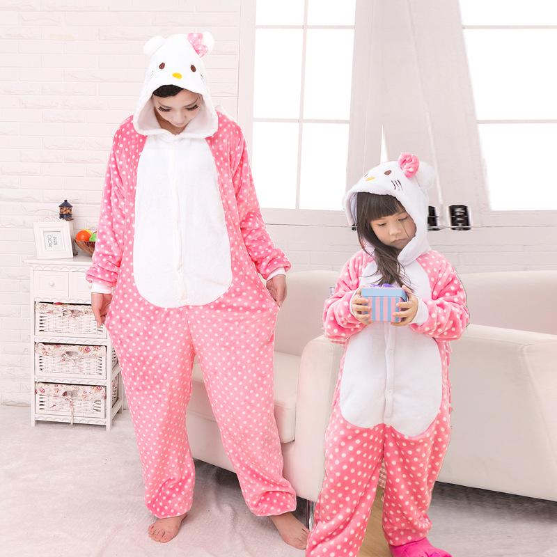 Pink Cat Flannel Cartoon Polka Dot Onesie - Comfortable and Warm Homewear 140/125
