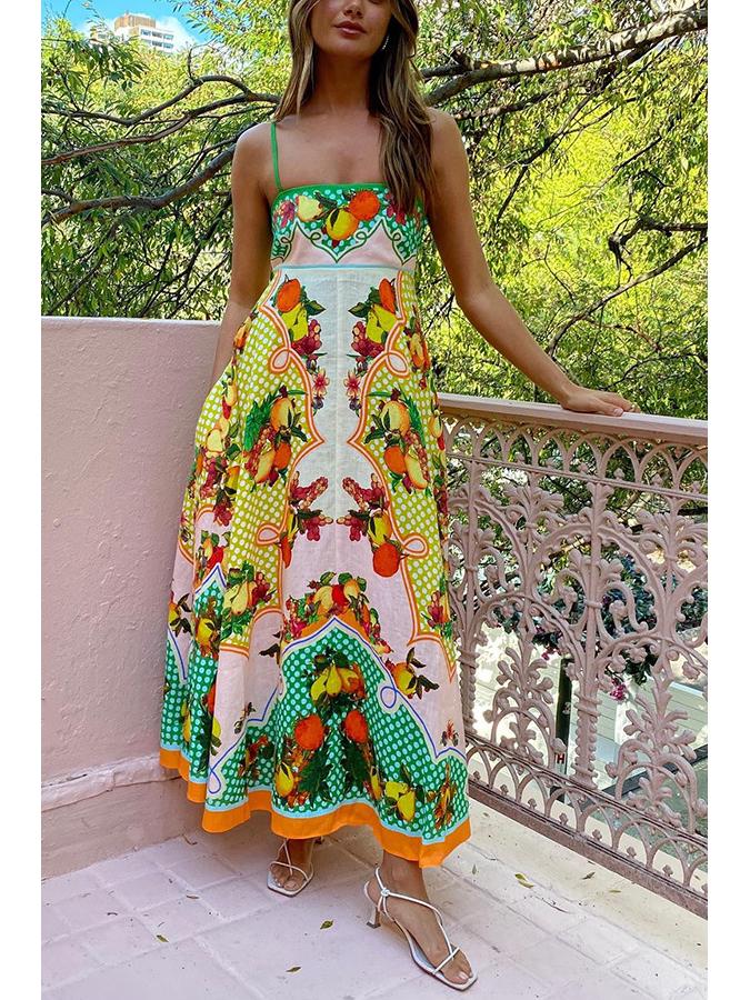2025 European & American Women's Summer Sleeveless High-Waist Swing Dress with Sexy Suspender & Print Design