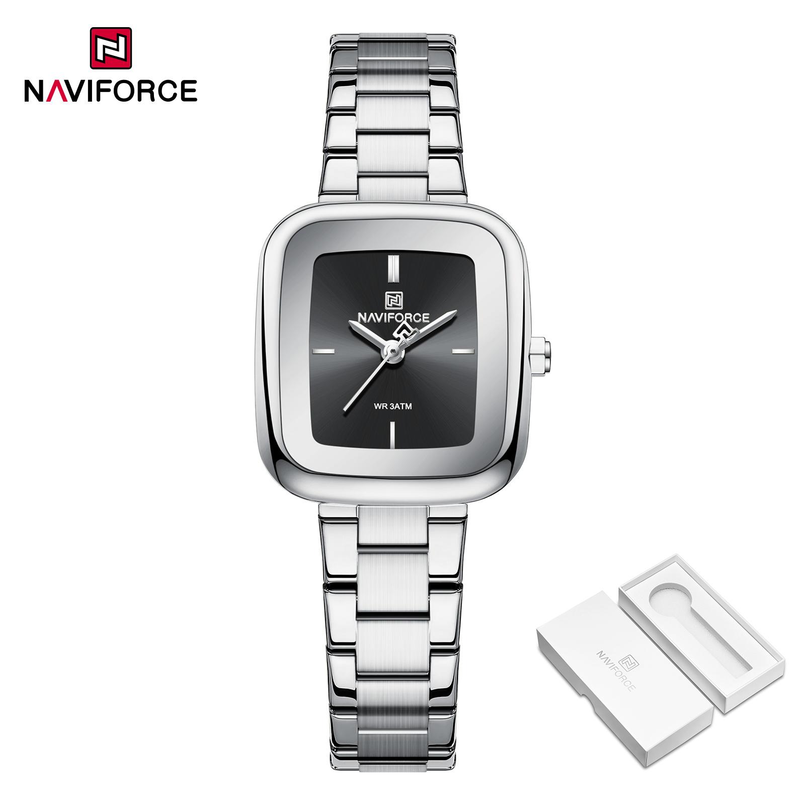 

NAVIFORCE Original Simple Women Quartz Watch Square Case Stainless Steel Strap 3ATM Waterproof Lightweight Casual Fashion Women Watch NF5075 срібний/чорний