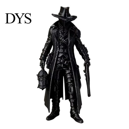 Matte Black Ornament 3D Printed Gothic Lantern Hunter Figurine, Dark Cloaked Man Statue Durable Static Figure with Cape for Halloween, Spooky