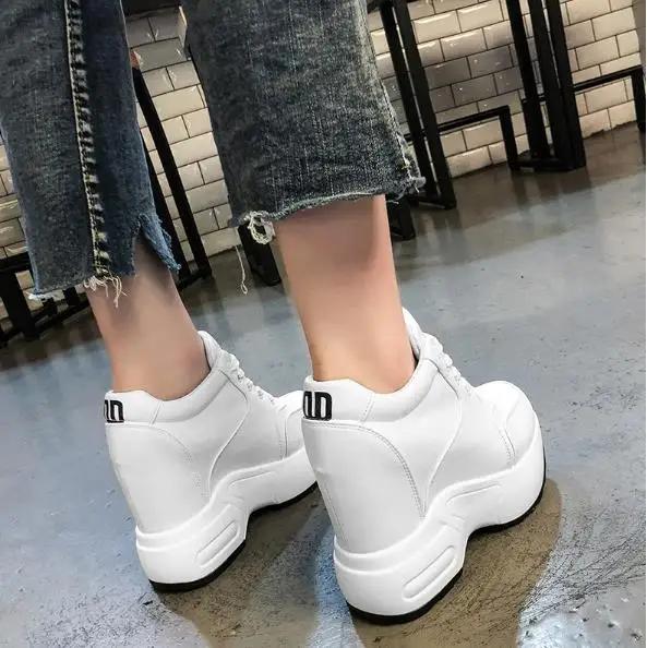 Mode Neue Damen Stiefeletten Herbst Leder Klobige Schuhe Frau Plateau Höhe Erhöhte Sneaker 10CM Dicke Sohle Keilabsätze Weiße Stiefel