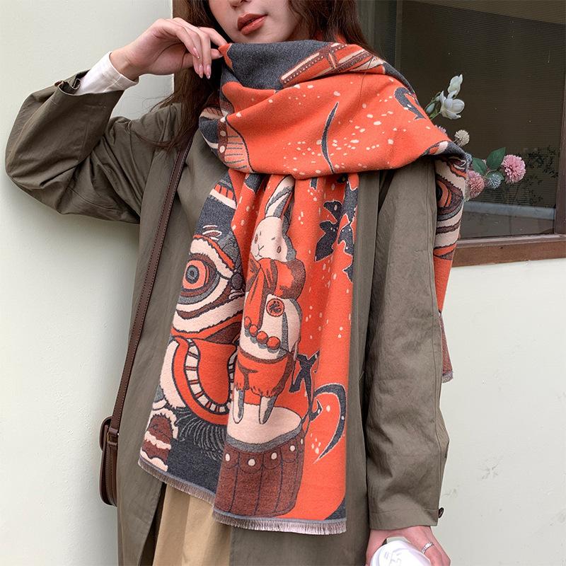 Winter Festive Red Imitation Cashmere Scarf for Women New Fashion Versatile Rui Rabbit Scarf Plus Velvet Warm Korean Style Shawl