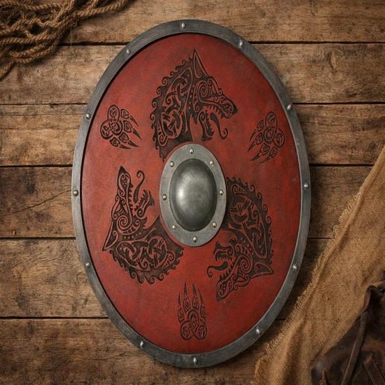 Красный круглый щит викингов с рунами скандинавского волка и дракона Ручная работа Скандинавский деревянный щит Настенный декор Подарок 60,96 см