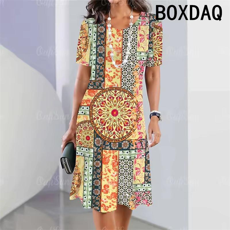 Summer Woman's Short Sleeves Dresses Geometric Pattern Print A-Line Dress 3D Retro Elegant Holiday Loose Dress Big Size Vestidos