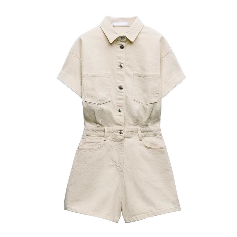 Summer New Women Clothes Western Style Lapel Short Sleeve Denim Short Jumpsuit 1879039 0108027