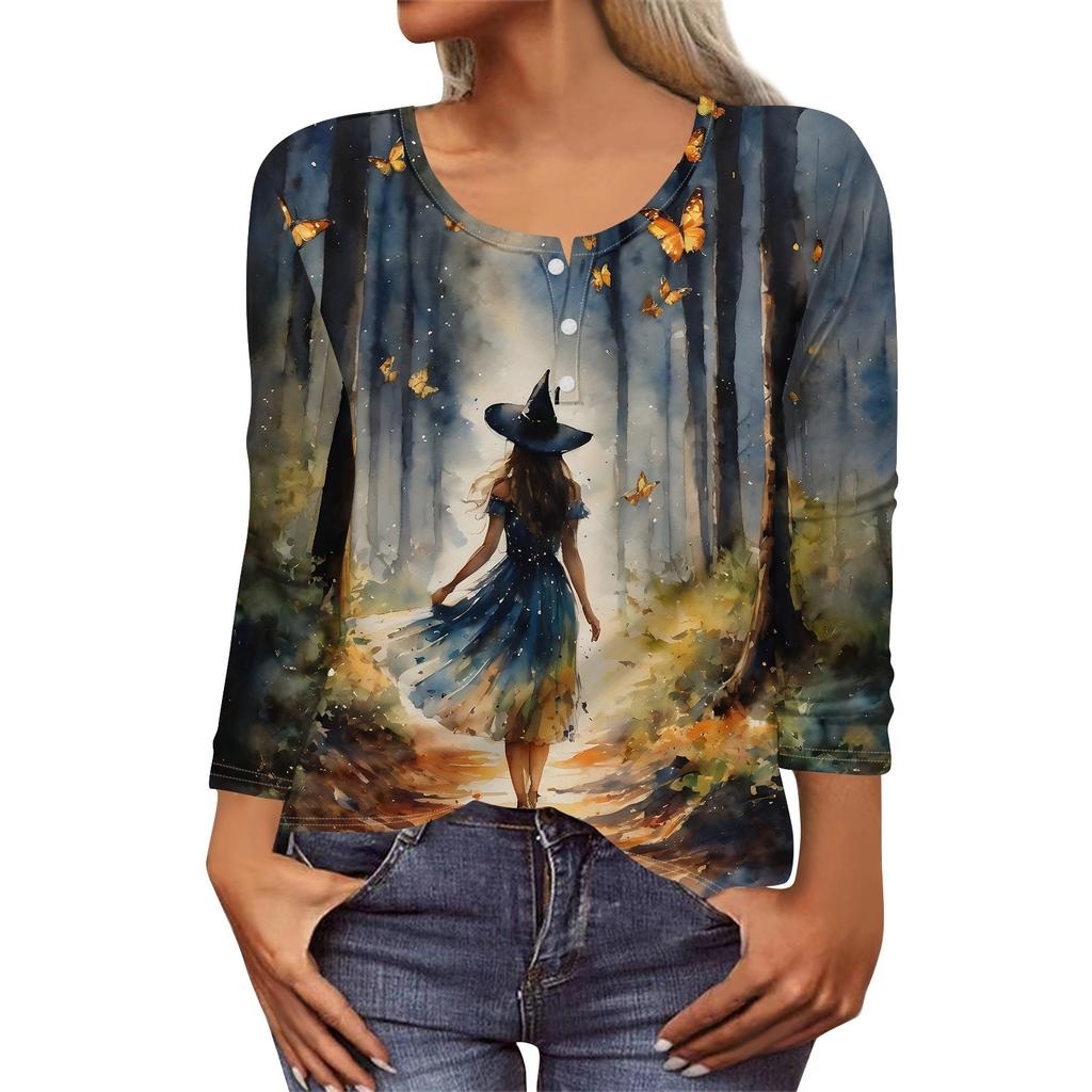 Langermede skjorter for kvinner Halloween-mønstret trykk grafisk t-skjorter bluser casual pluss størrelse basis topper genser