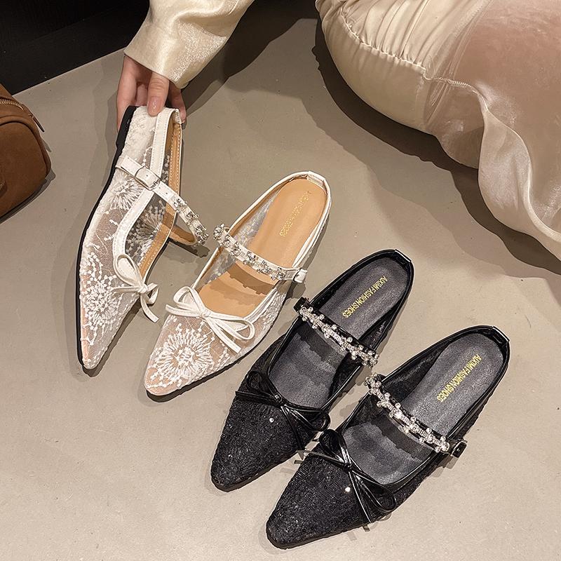 Fashion Semi-drag Mary Jane Shoes 2025 Summer Temperament French Fishing Net Inside Heightened Bow Rhinestone Women's Shoes