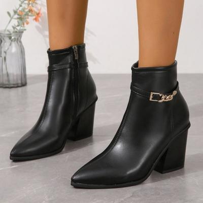 Herbst Frühe Winter Schuhe Damen Stiefeletten Spitz Modern Damen High Heels Stiefel Schwarze Schuhe Blockabsatz 8cm D215