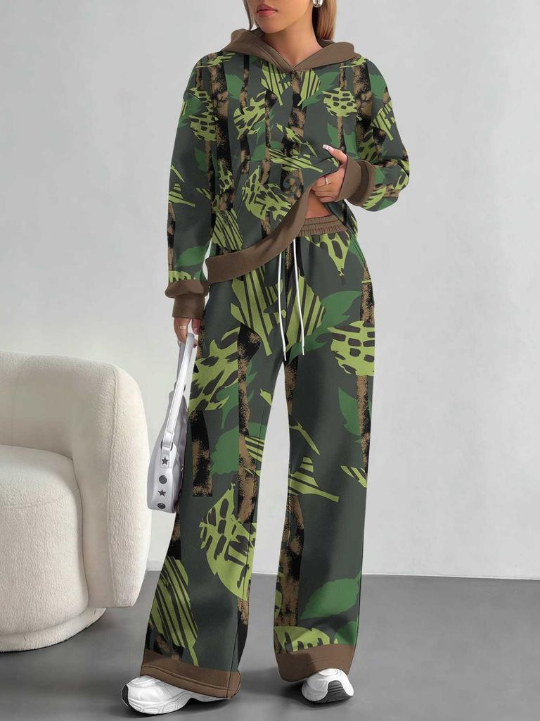 Color Graffiti European and American Autumn and Winter Casual Long-sleeved Suit Women's Hooded Sweater Trousers Two-piece Set