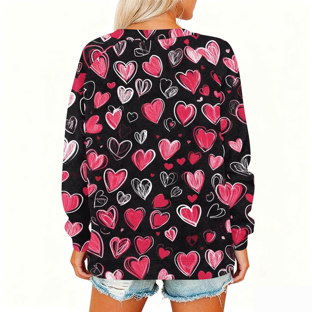 Damen Modisches Rundhals Schulter Langarm Valentinstag Bedrucktes Lässiges Pullover-Oberteil