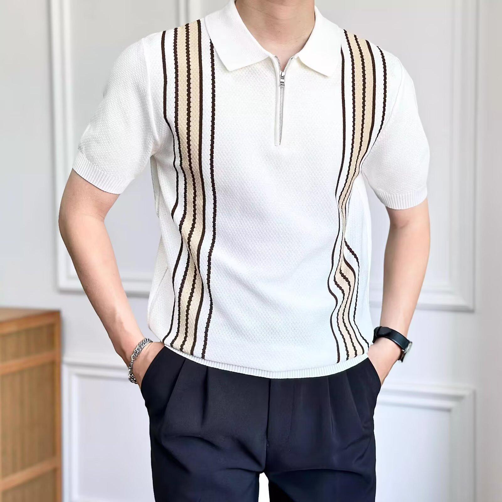 Mens Short Sleeve Knitted Polo Shirt Striped Half Zip Summer Ice Silk Old Money Style M белый