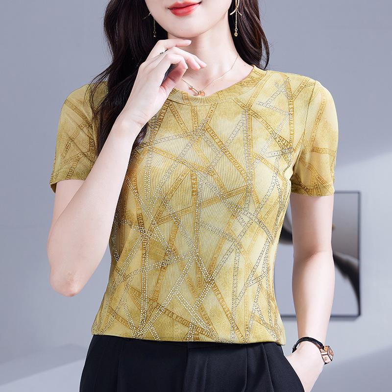 Women's O Neck Short Sleeve Mesh Top Slim Fit Elegant Geometric Line Print Blouse Summer Casual Tee