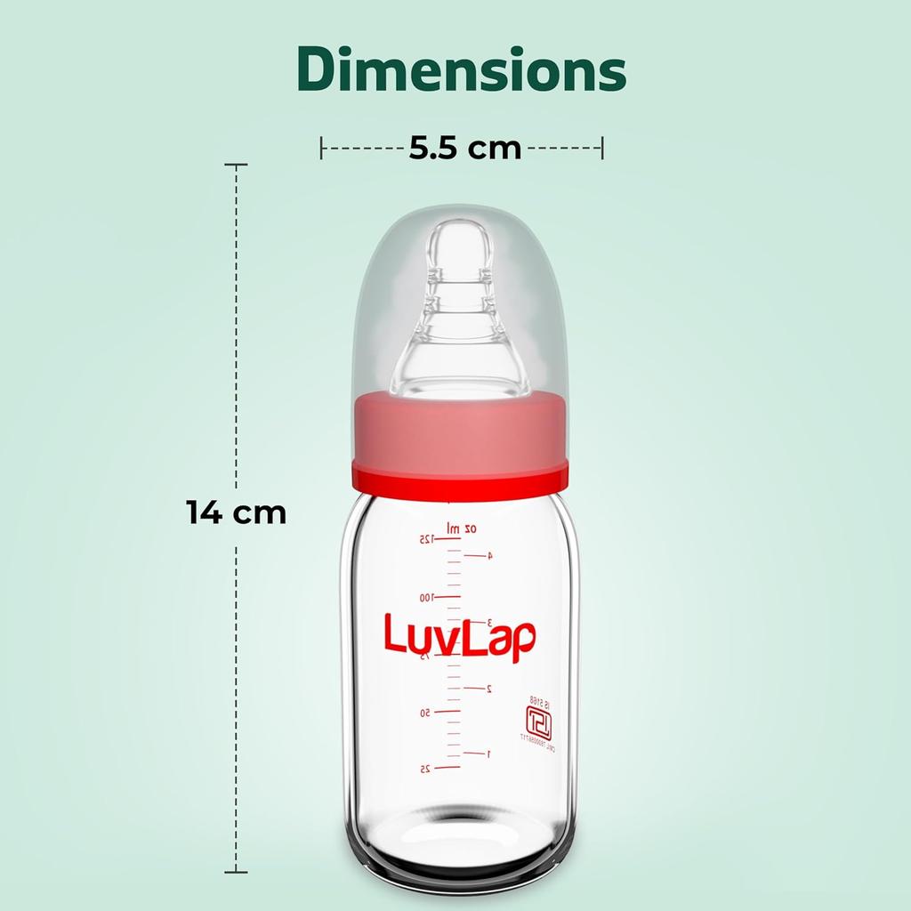 LuvLap Essential Slim Neck Borosilicate Glass Baby Feeding Bottle 125ml Anti Colic BPA Free Safe Durable White Red Pack of 1
