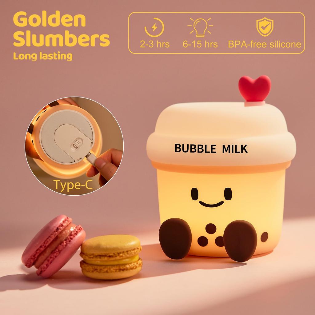 Niedliches Bubble Milk Cup Nachtlicht, 3-stufig dimmbares weiches Licht, mit Timer, wiederaufladbar, ideale Dekoration und Geschenk für Mädchen, Frauen und Kinder