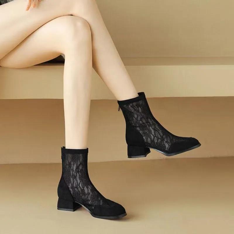 Nové prodyšné síťované krajkové dámské boty Letní kotníkové boty Tenké vysoké podpatky Sexy sandály Chelsea boty Dámský styl