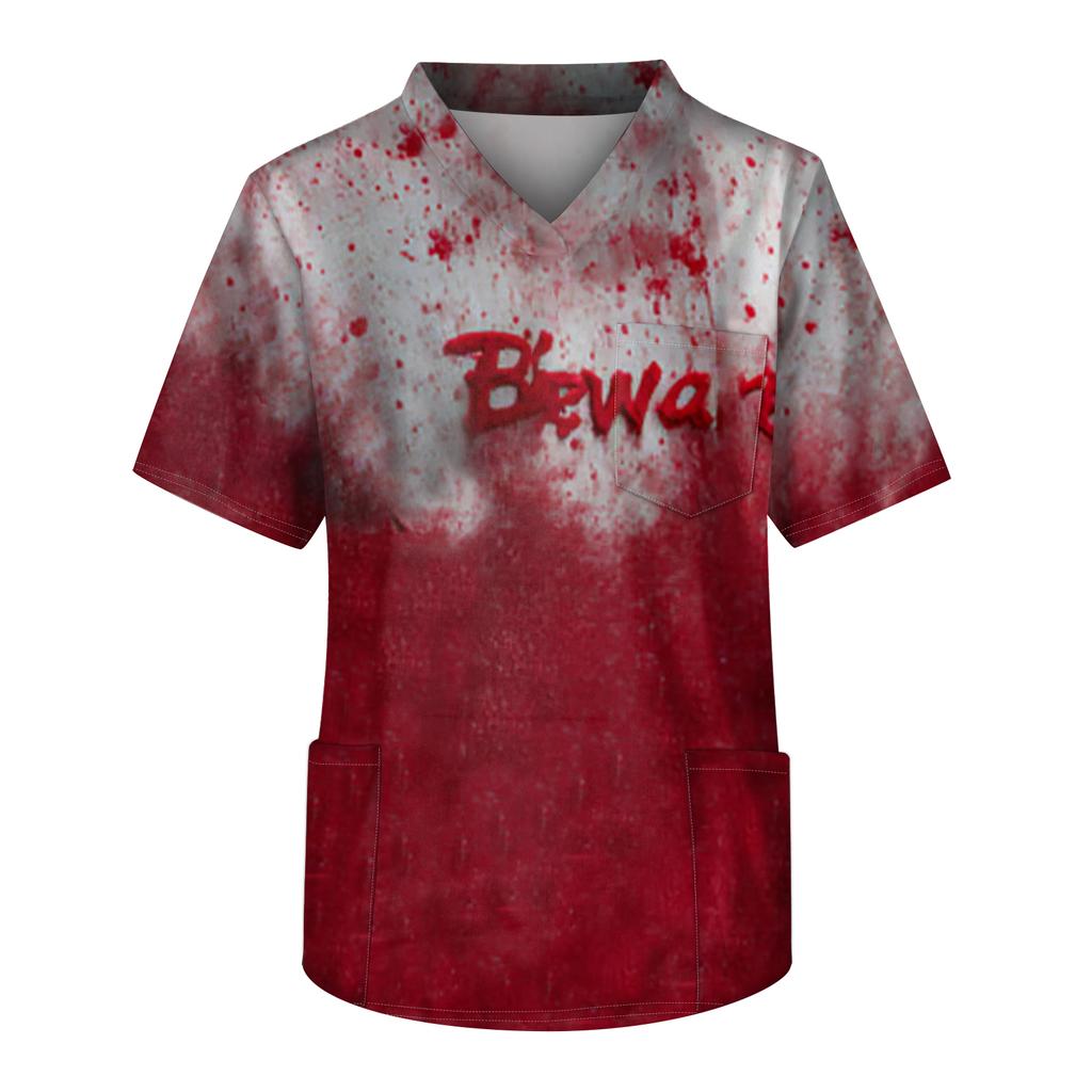 Men's Printing Short Sleeve V-neck Working Blouse Chest Pocket Carer Top