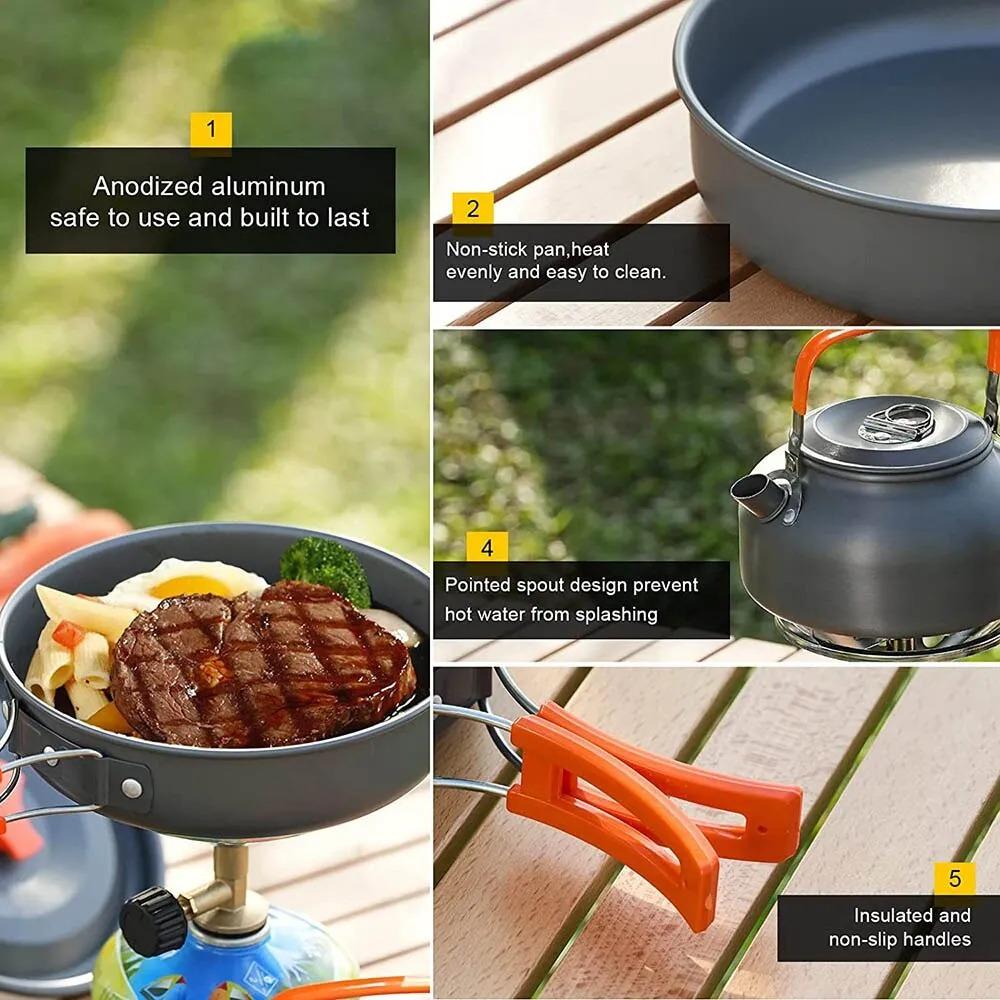 Camping Cookware Accessories Set Aluminum Portable Fish Camping Set Tea Pot Outdoor Tableware Cookset Kit Pan Bowl Kettle Hiking BBQ Picnic Equipment
